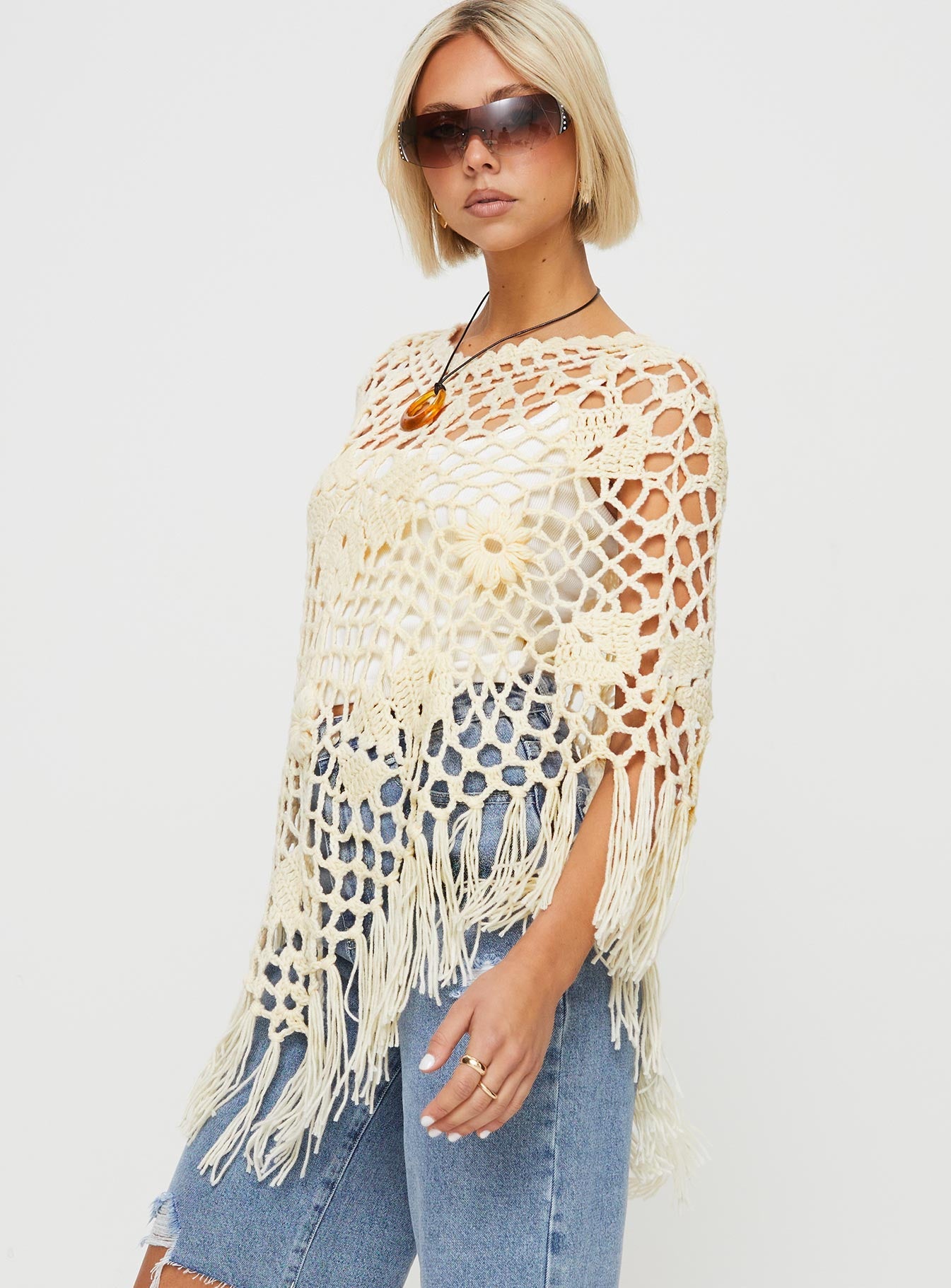 Joanes Crochet Poncho Beige Princess Polly  long 