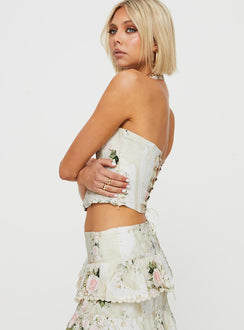 Floral halter neck corset Elasticated halter strap, lace up back with tie fastening, ruched bust, invisible zip fastening at side, boning throughout