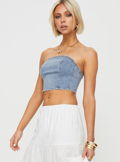 Strapless denim top Inner silicone strip at bust, shirred band at back Good stretch, unlined 