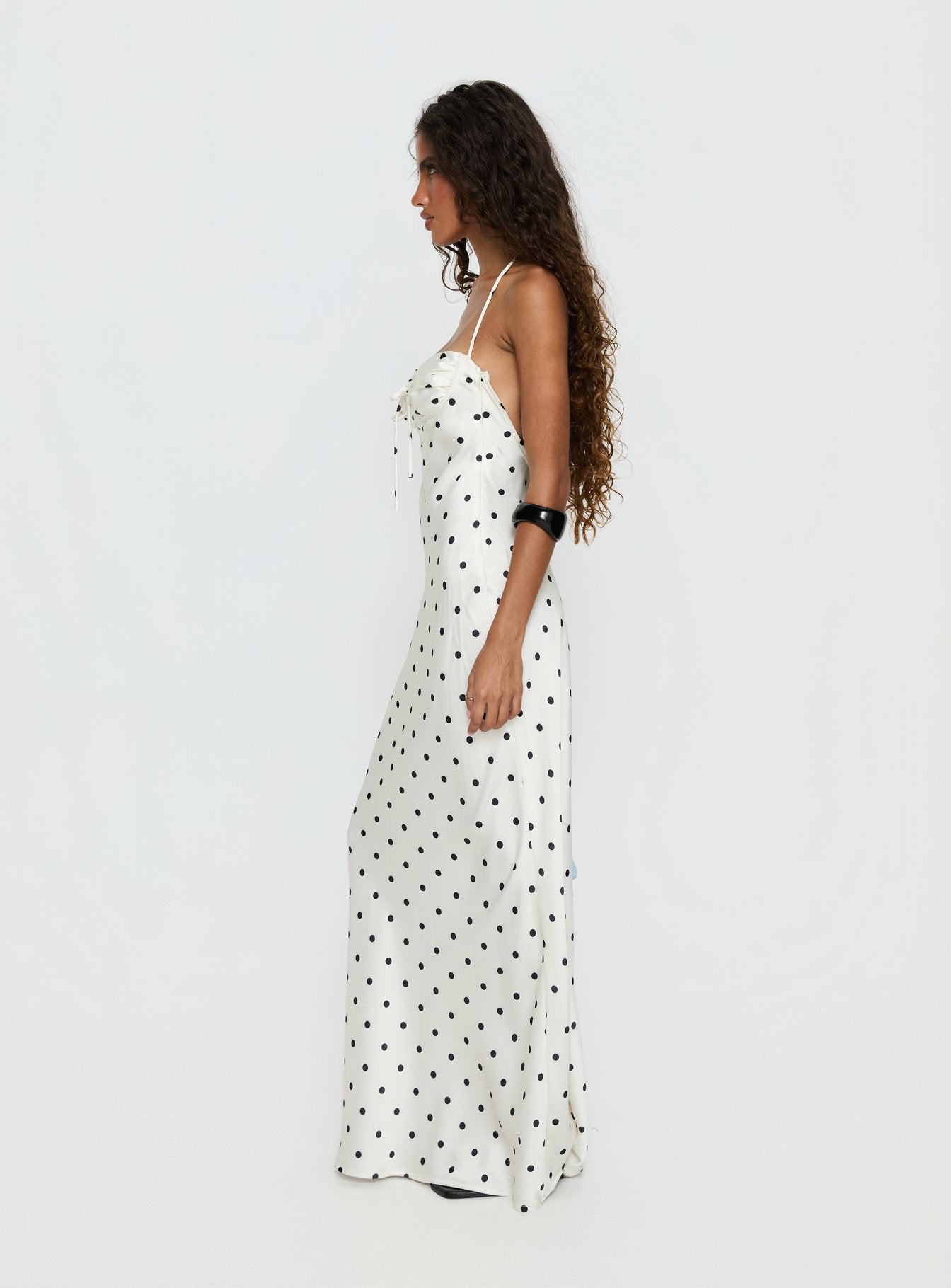 Costella Halter Satin Maxi Dress Cream Polka Dot