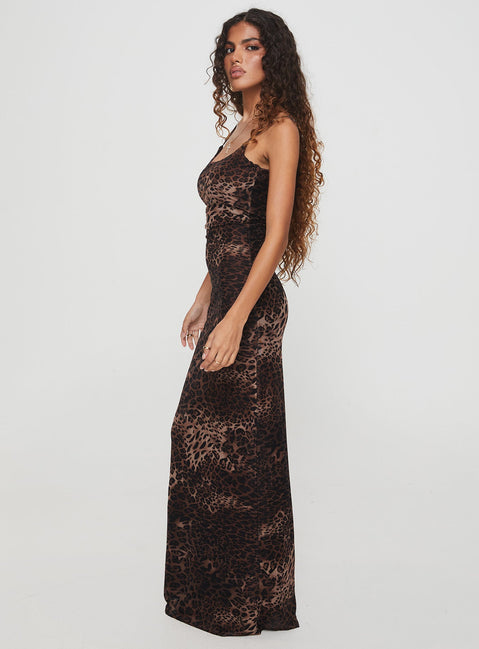 side view of model wearing Princess Polly Knox Maxi Dress Leopard Scoop Neck 
