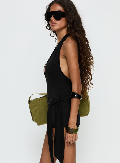 Relina Plunge Neck Halter Playsuit Black