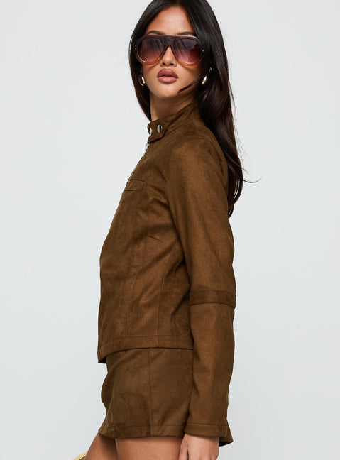 Born To Brag Faux Suede Jacket Brown