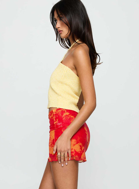   side view of model wearing Princess Polly Liloha Frill Mesh Mini Skirt Orange Multi Mini Skirts 