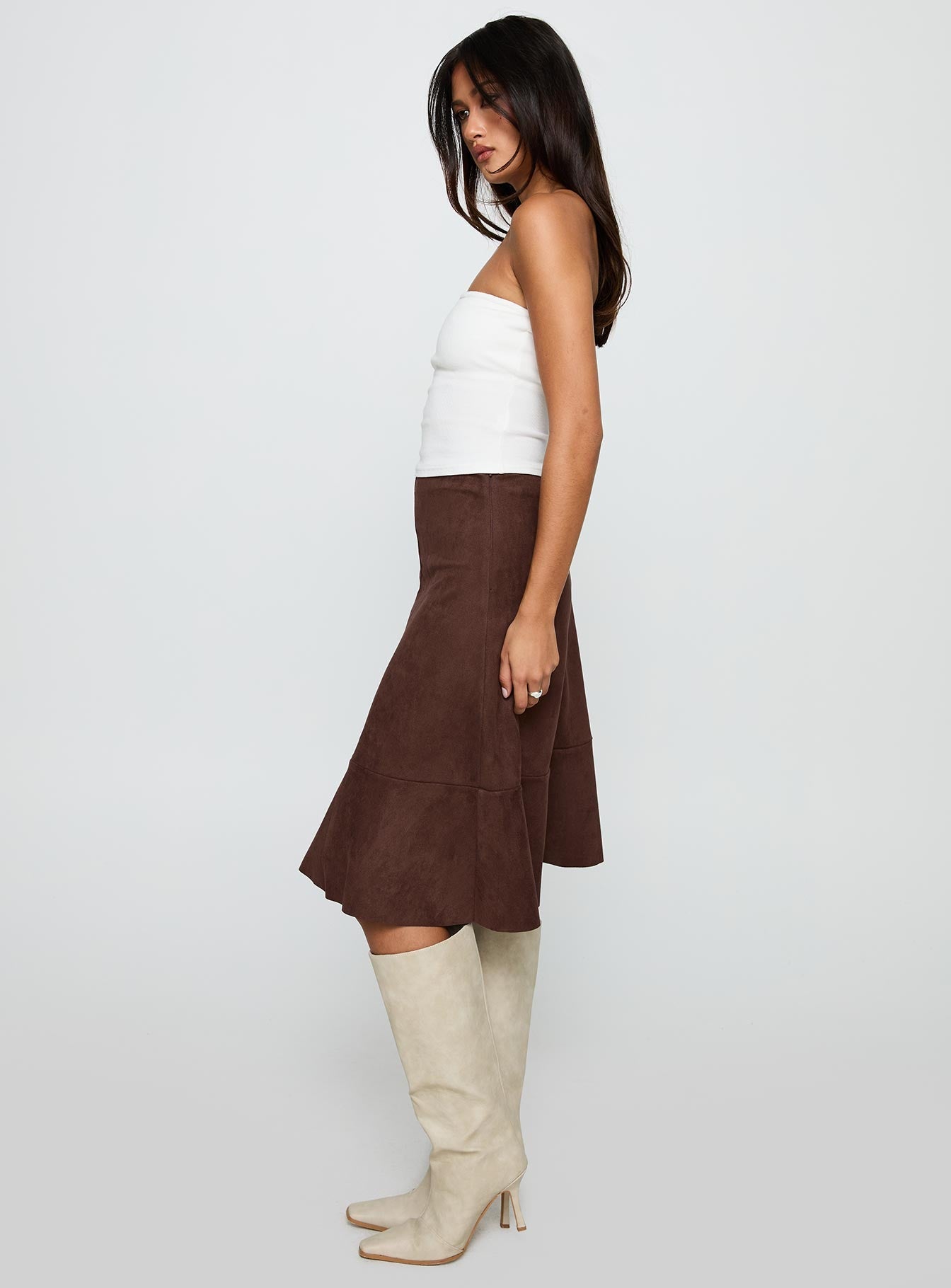 Grimaud Faux Suede Midi Skirt Brown