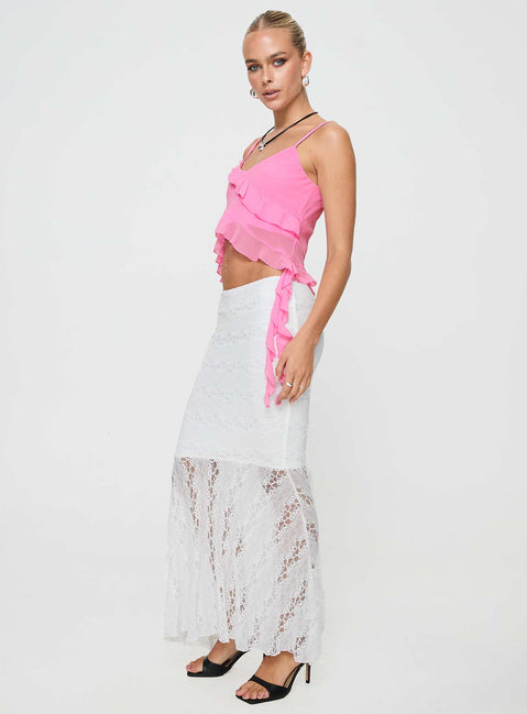   side view of model wearing Princess Polly Date Night Maxi Skirt White Maxi 