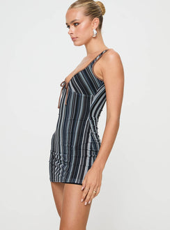 Black striped Striped mini dress V neckline, fixed shoulder straps, tie detail at bust