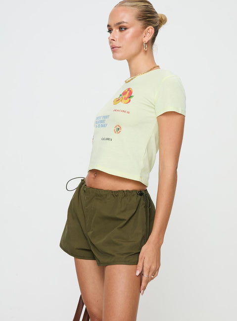 Olive Low rise shorts Drawstring waistband, twin hip pockets, dolphin hem