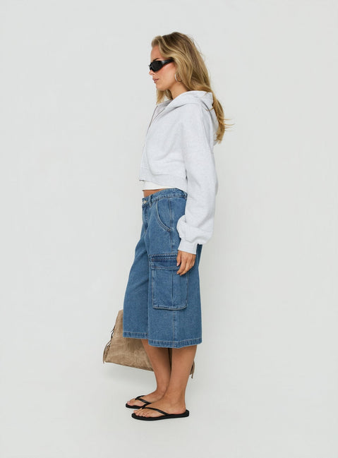 Hudsen Longline Cargo Denim Jorts Mid Blue Wash