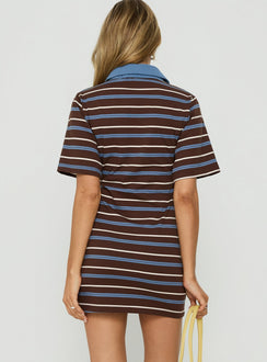 Klare Polo V Neck Mini Dress Chocolate Stripe