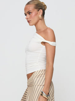 side view of model wearing Princess Polly Fabre Top White Short Sleeves Asymmetric Neckline 