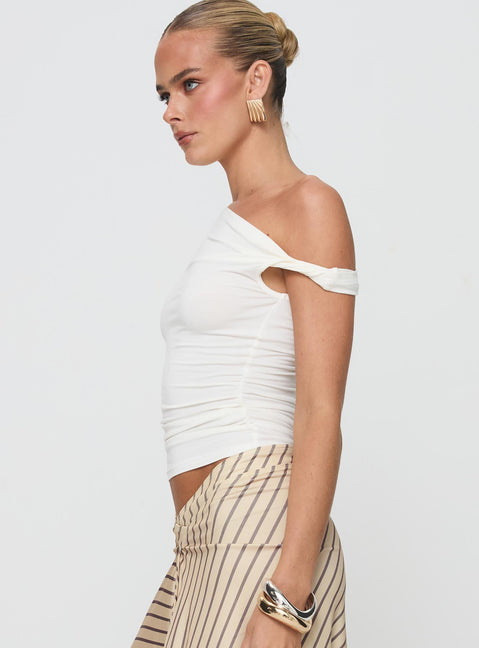 side view of model wearing Princess Polly Fabre Top White Short Sleeves Asymmetric Neckline 