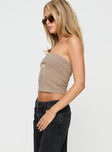 Brown Strapless graphic top Good stretch, unlined