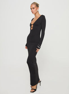 Long sleeve maxi dress Low neckline, cut out detail at bust Good stretch, fully lined Princess Polly Lower Impact