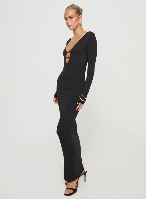 Long sleeve maxi dress Low neckline, cut out detail at bust Good stretch, fully lined Princess Polly Lower Impact