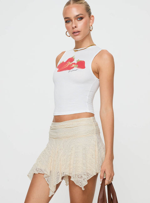   side view of model wearing Princess Polly Lifas Lace Mini Skirt Cream Mini Skirts 