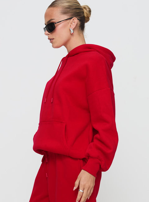 side view of model wearing Princess Polly Dream Fleece Classic Hoodie Red Long 
