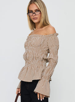 Kaitlynne Off Shoulder Long Sleeve Top Brown Check