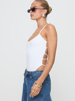side view of model wearing Princess Polly All Tied Up Bodysuit White Sleeveless 