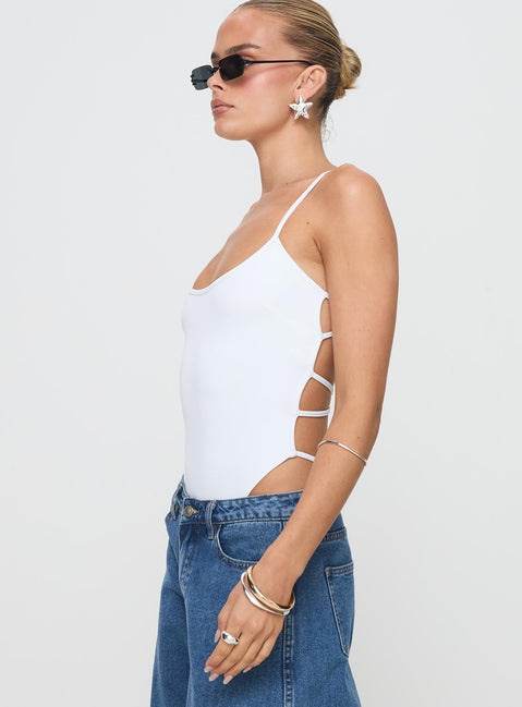 side view of model wearing Princess Polly All Tied Up Bodysuit White Sleeveless 