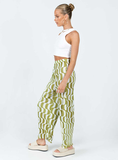 Front view of model wearing  front Princess Polly High Waisted Pants High Waisted Pants High Waisted Pants High Waisted Pants  Taina Pleated Wide Leg Pants Green Multi