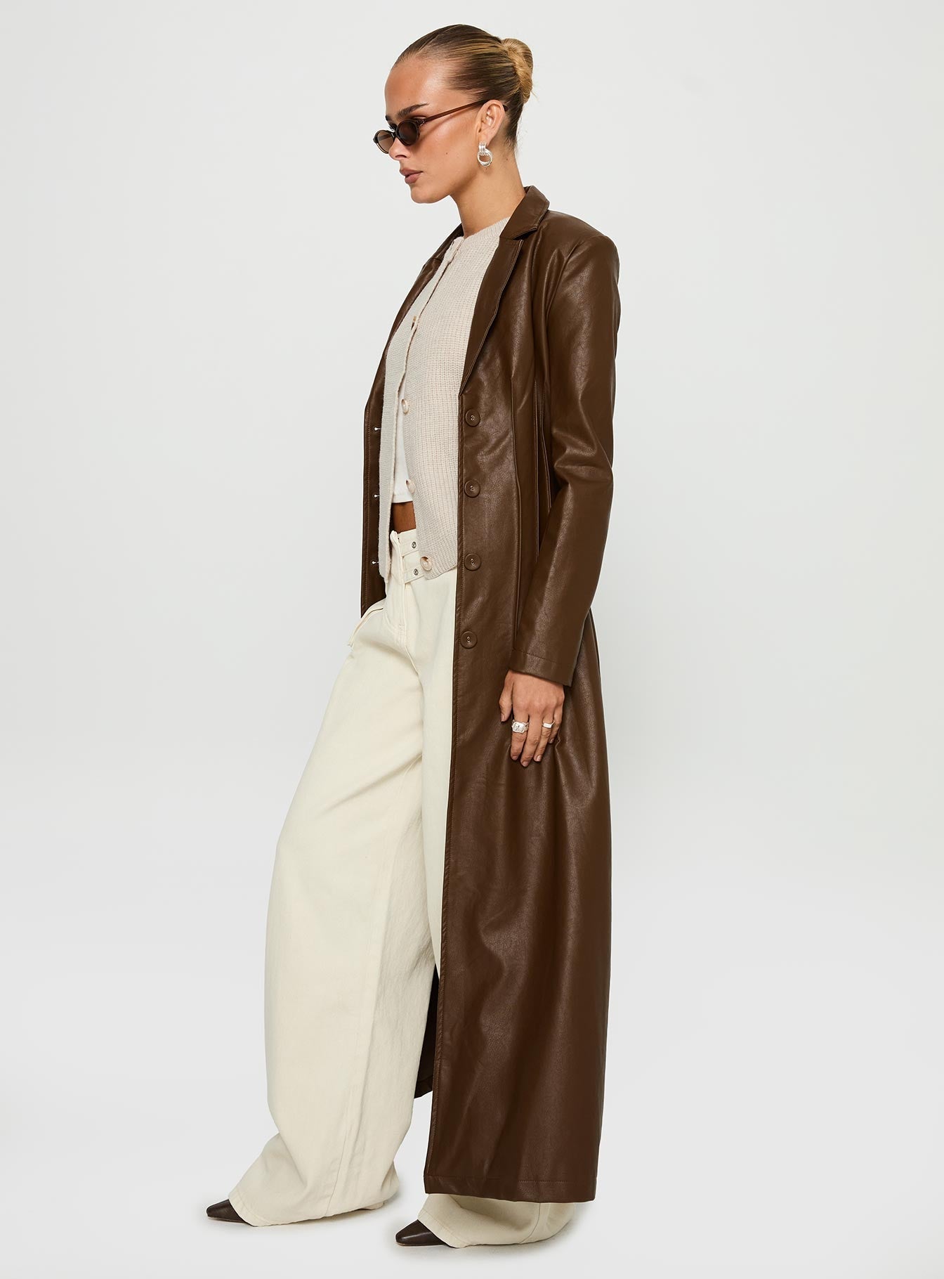 Speak Easy Long Line Faux Leather Coat Brown