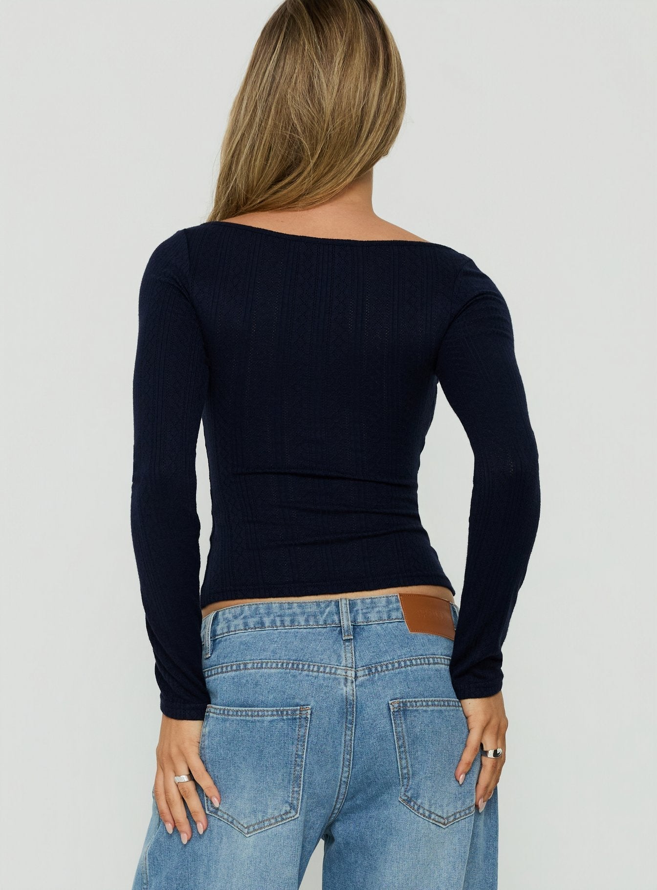 Imalee Long Sleeve Scoop Pointelle Top Navy