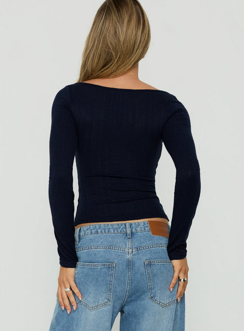 Imalee Long Sleeve Scoop Pointelle Top Navy