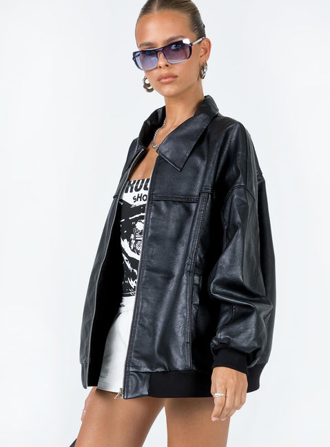 Bomber jacket  Oversized fit  Main: 55% rayon 45% polyester  Lining: 100% polyester  Faux leather material  Classic collar  Zip front fastening  Ribbed waistband & cuffs  Twin hip pockets 