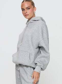side view of model wearing Princess Polly Dream Fleece Classic Hoodie Grey Marle Longline Jumpers 