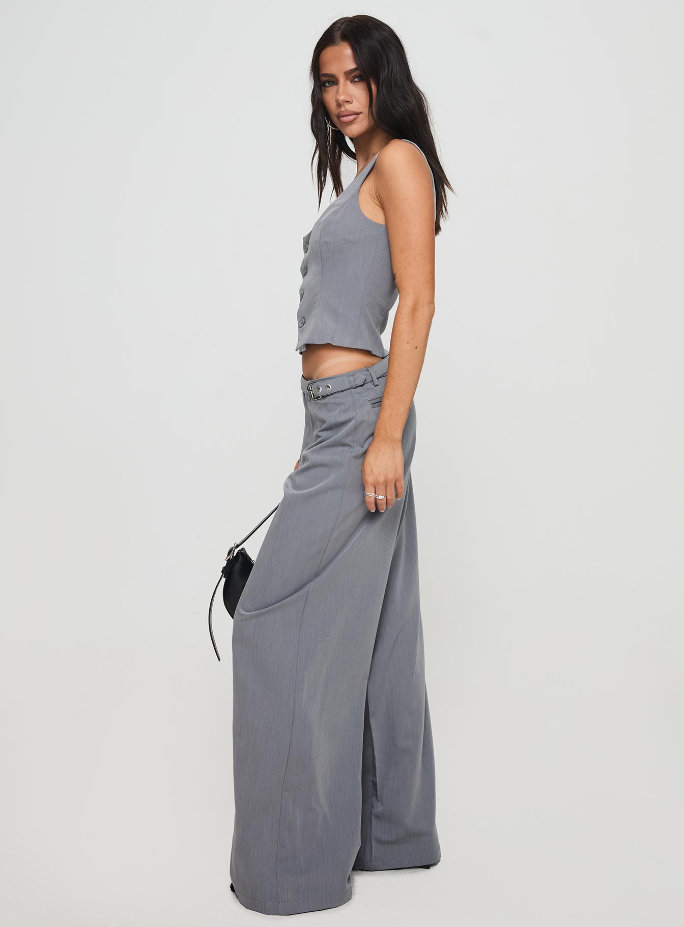 side view of model wearing Princess Polly Miku Pants Charcoal High Waisted Pants 