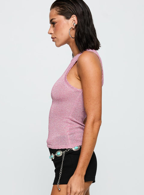 side view of model wearing Princess Polly No Pretending Top Pink Glitter Sleeveless Crew Neck 