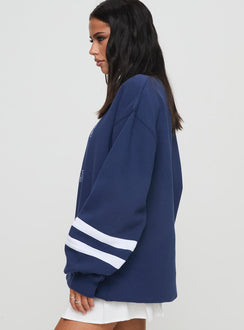 side view of model wearing Princess Polly Snoopy Star Tennis Club Sweater Navy Long 