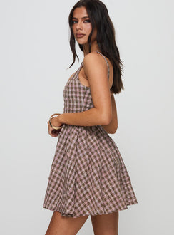side view of model wearing Princess Polly Cartmel Mini Dress Brown / Pink Square Neck 