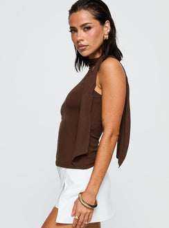 side view of model wearing Princess Polly Mathias Top Chocolate Sleeveless High Neck 