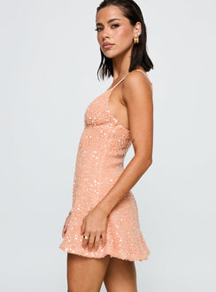 side view of model wearing Princess Polly Feel The Vibrations Sequin Mini Dress Orange Plunger 