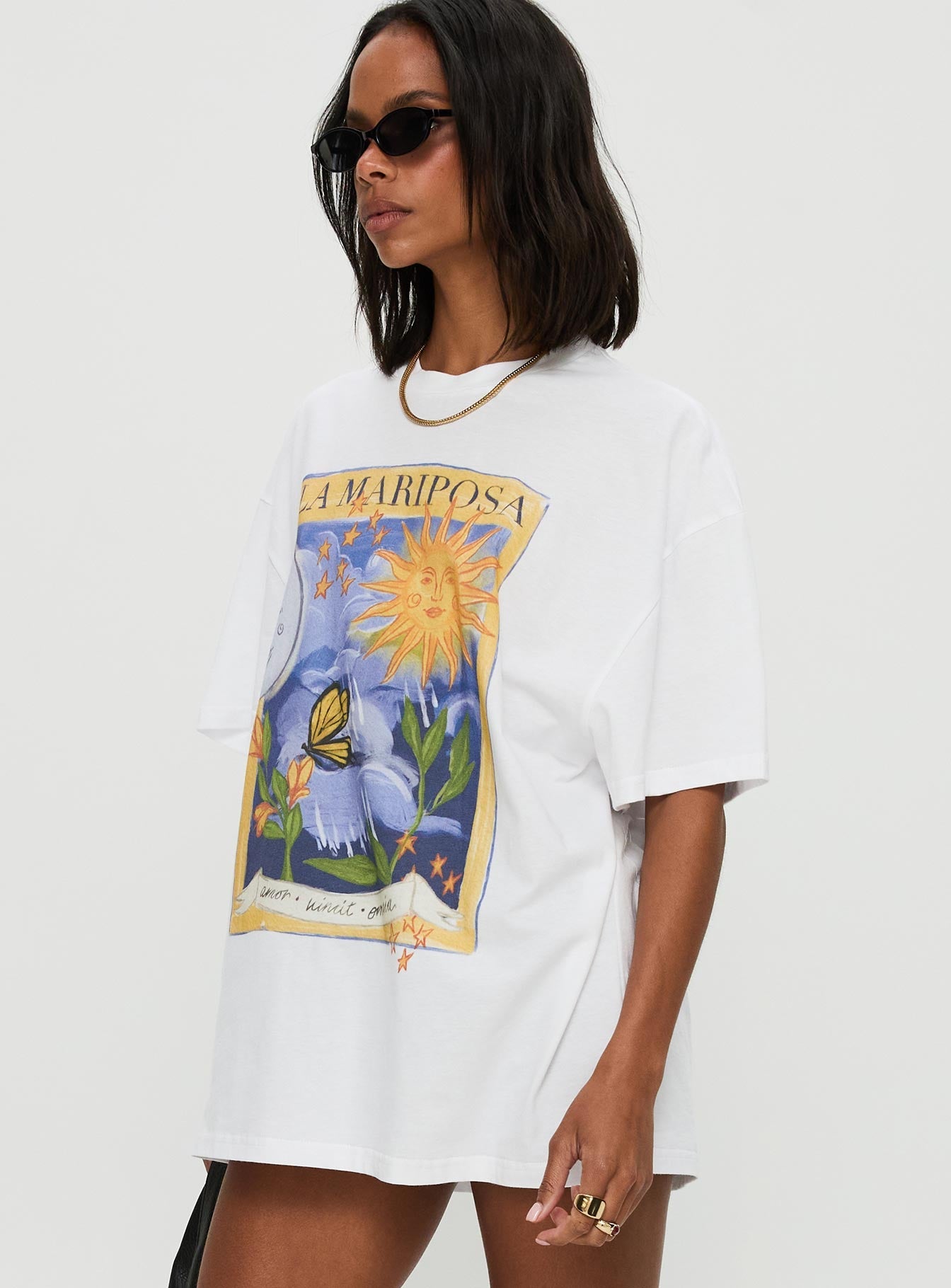 side view of model wearing Princess Polly Tarot Card Graphic Top White / Multi Half Sleeves Crew Neck 