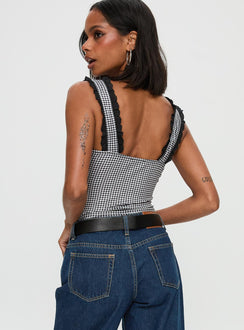 back view of model wearing Princess Polly Trustfund Lace Trim Bodysuit Black / White Check Sleeveless 