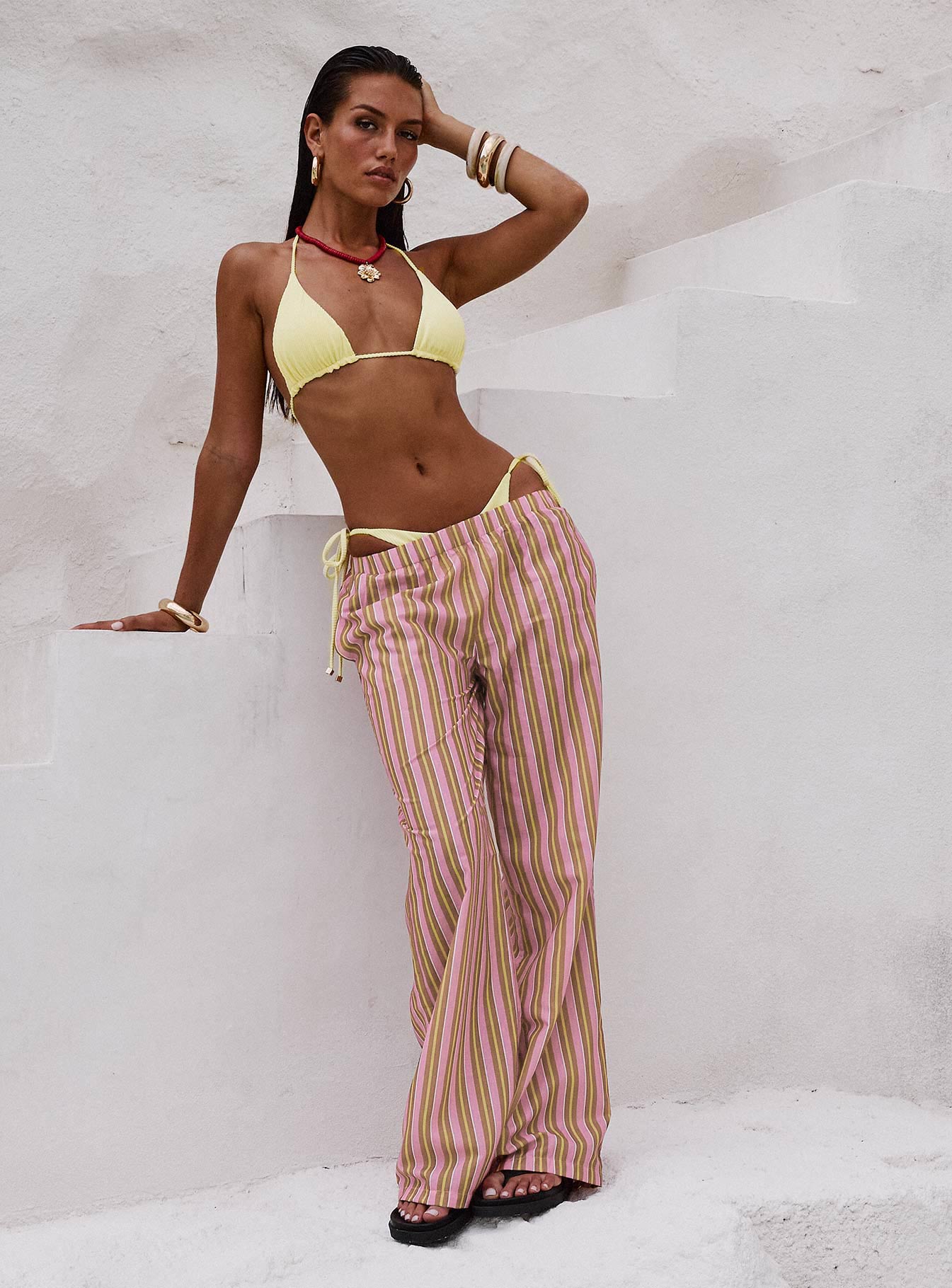 front view of model wearing Princess Polly Taja Pants Pink Stripe High Waisted Pants 