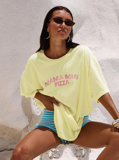 side view of model wearing Princess Polly Made With Love Graphic Top Pastel Yellow Half Sleeves Crew Neck 