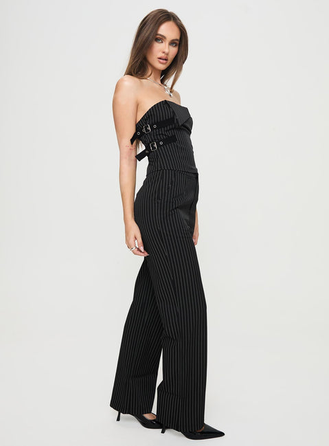 Pinstriped pants High rise fit, button & clasp fastening, twin hip pockets Non-stretch material, unlined 