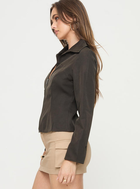 Long sleeve top  Zip fastening at front, low neckline, classic collar Non stretch, unlined