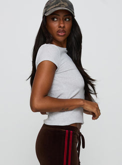 side view of model wearing Princess Polly Prestige Longline Baby Tee Grey Short Sleeves Crew Neck 