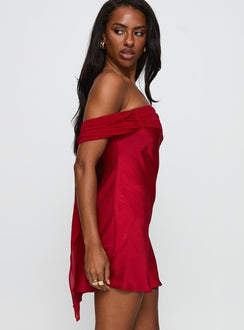 side view of model wearing Princess Polly Adoration Mini Dress Red Straight Neck 