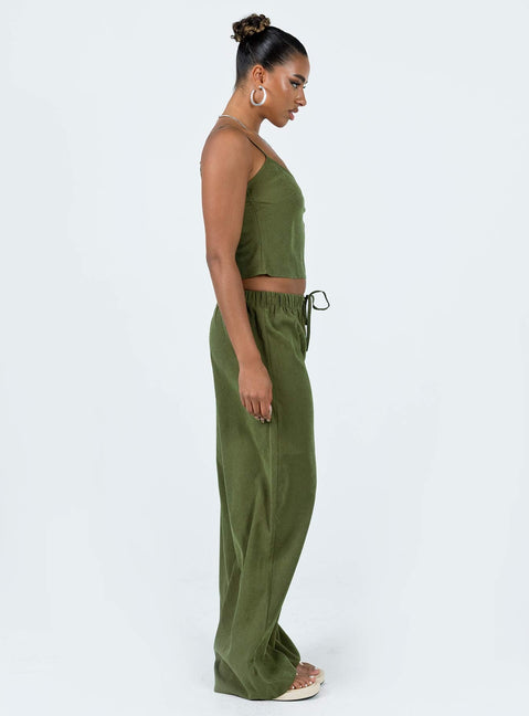 Two piece set Cupro material Adjustable shoulder straps on top Wide leg pants Elasticated waistband with tie fastening