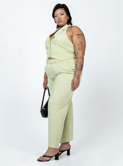 Matching set High waisted pants  Zip & button fastening  Elasticated back band  Belt looped waist  Twin hip pockets Wide leg  Vest top  Lapel collar  Button front fastening 