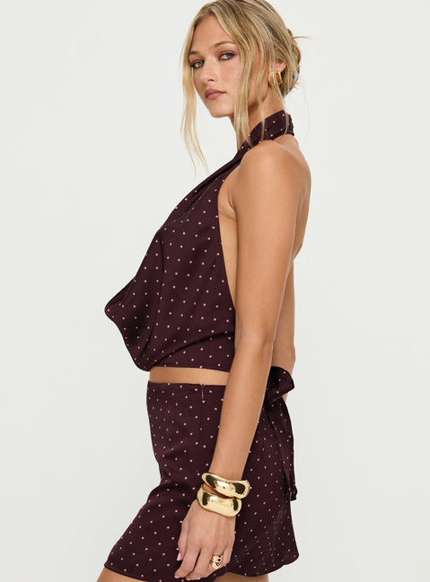 Keiana Plunge Neck Top Burgundy / Pink Polka