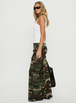 side view of model wearing Princess Polly Danella Mid Rise Straight Leg Cargo Jean Camouflage Mid Rise Jeans 