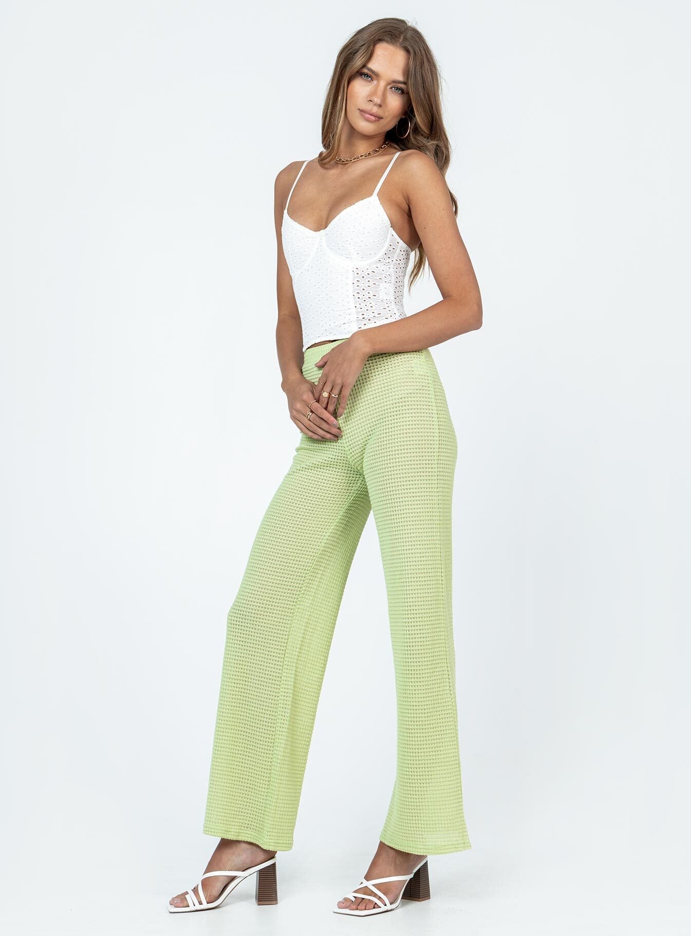 Front view of model wearing  front Princess Polly High Waisted Pants  Santa Monica Knit Pants Green