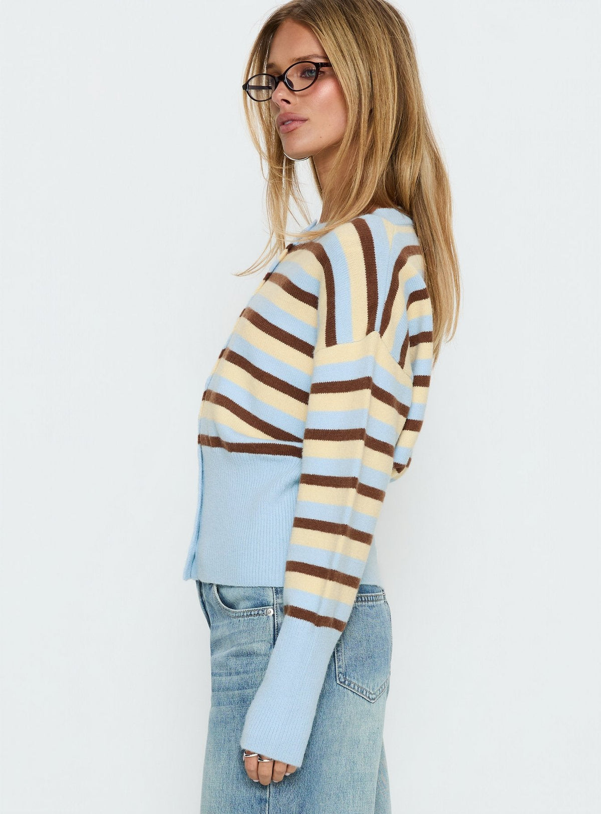 side view of model wearing Princess Polly Rhitta Button Down Cardigan Multi Stripe Jumpers 